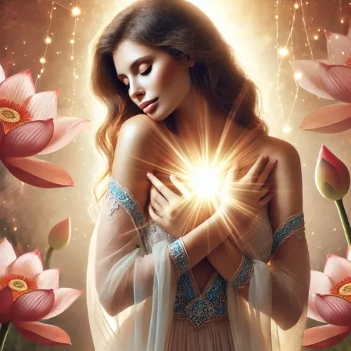 Strahlende Frau mit leuchtendem Herzchakra, umgeben von Lotusblüten – ein Symbol für innere Transformation und göttliche Weiblichkeit. Dieses inspirierende Bild repräsentiert die tiefe Seelenverbindung und die erweckte weibliche Urkraft, wie sie im Workshop „Erwecke die Göttin in dir“ von Andrea Schmucker entfaltet wird. Tauche ein in die Magie der Selbstliebe, spirituellen Heilung und weiblichen Schöpferkraft