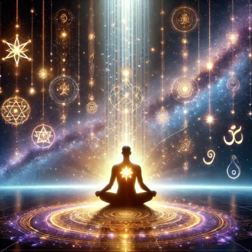 Ein meditierender Mensch, umgeben von kosmischem Licht und leuchtenden spirituellen Symbolen – ein kraftvolles Bild für Bewusstseinserweiterung und Transformation. Die Schöpferstunde, ein kostenfreier Workshop von Andrea Schmucker, unterstützt dich dabei, deine Schöpferkraft bewusst zu nutzen und deine Schwingung anzuheben. Erlebe spirituelle Impulse, Akasha Chronik Botschaften und transformative Übungen in einem heilsamen Raum der Selbstentfaltung