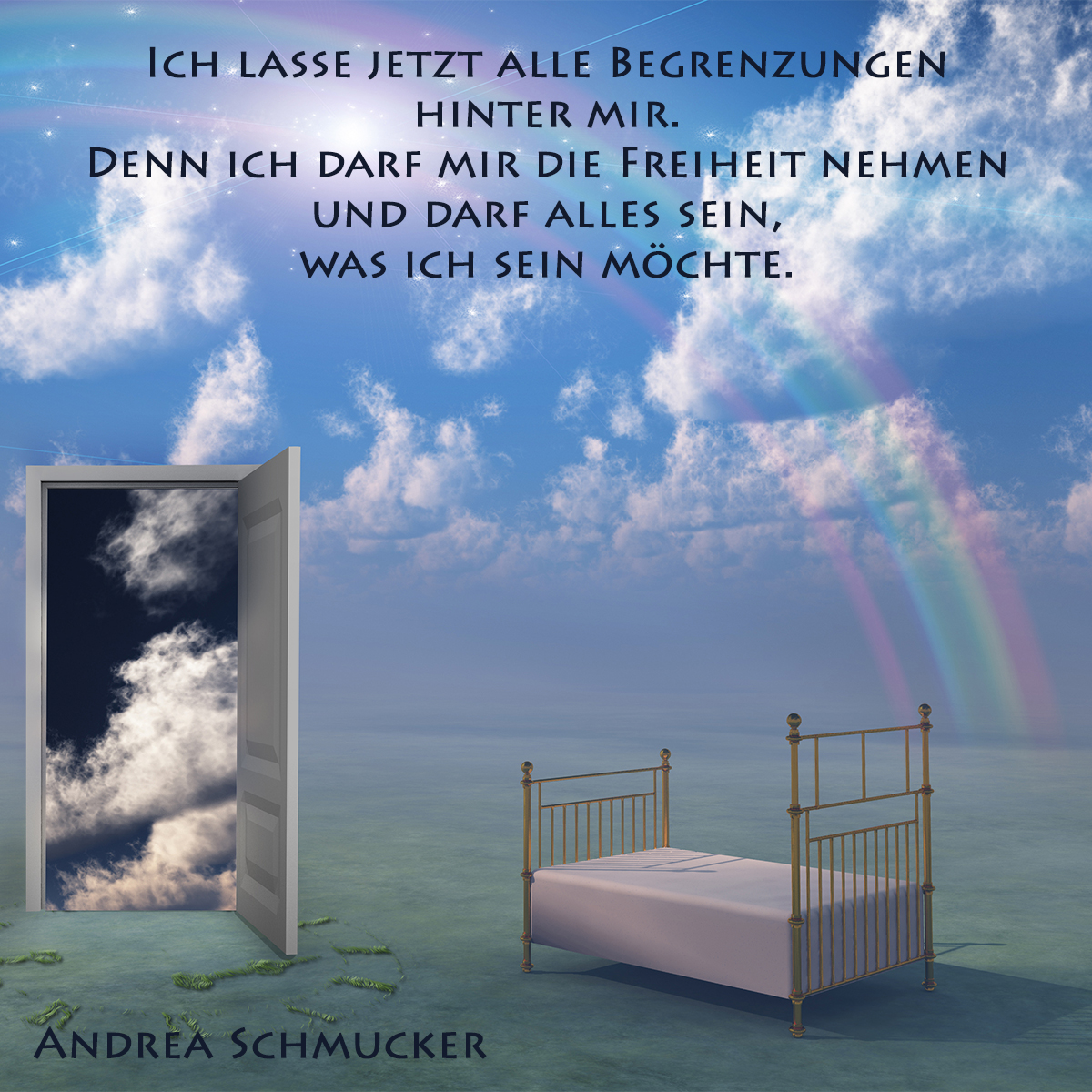 Inspirierendes Bild von Andrea Schmucker zum Thema Begrenzungen loslassen – eine geöffnete Tür zum Himmel symbolisiert die innere Freiheit, alte Begrenzungen hinter sich zu lassen und dem eigenen Seelenweg zu folgen. Spirituelle Transformation, Freiheit und Selbstermächtigung im Einklang mit der Seelenführung.