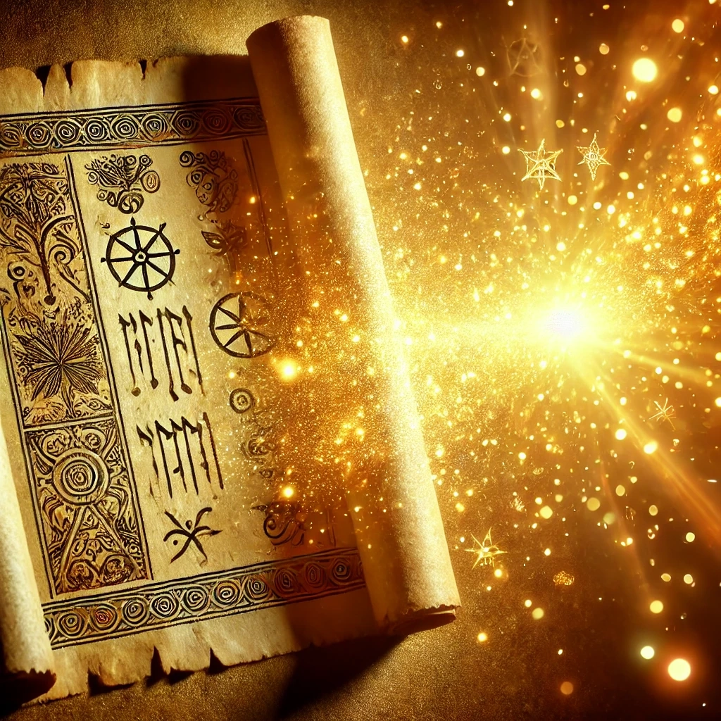 Mystische Pergamentrolle mit energetischen Symbolen, die sich in goldenes Licht auflöst – Symbol für die Auflösung blockierender Seelenverträge. Erlebe tiefe Transformation in meinem Online-Workshop zur Befreiung von alten Seelenbindungen