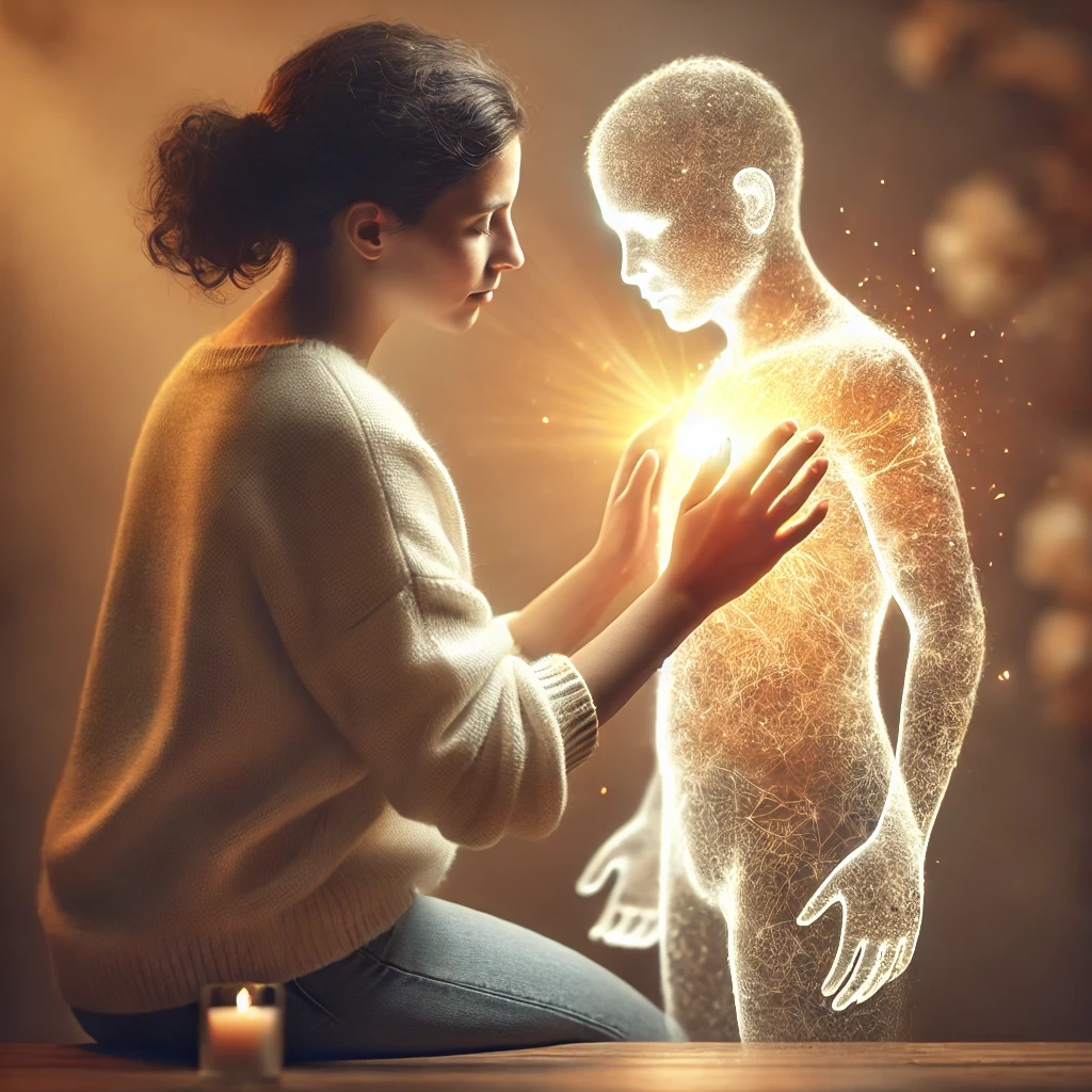 Fotorealistische Darstellung eines Erwachsenen, der sein Inneres Kind liebevoll umarmt. Das Kind erscheint als leuchtende, transparente Figur, die Wärme und Heilung ausstrahlt. Die Szene ist in sanftes, goldenes Licht getaucht und symbolisiert emotionale Heilung, innere Kindarbeit und Selbstliebe. Passend zum Workshop „Das Innere Kind darf glücklich sein“ mit heilender Meditation und Bewusstseinsarbeit.