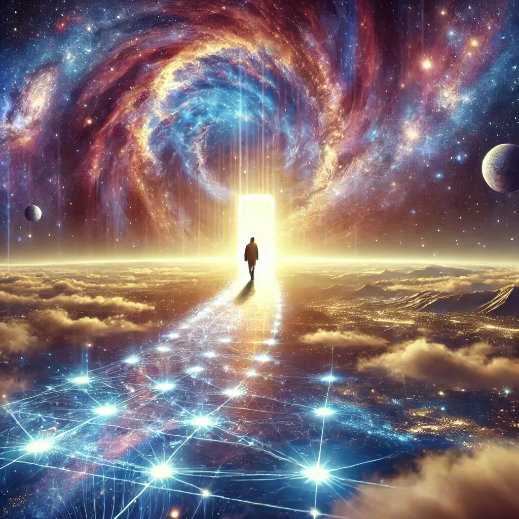Eine lichtvolle Seelenreise: Eine Person schreitet über eine leuchtende Brücke aus Licht und tritt durch ein energetisches Portal in eine weite, kosmische Landschaft voller Sterne und leuchtender Energiewellen. Diese visuelle Darstellung symbolisiert die transformative Kraft des Seelenbewusstseins und die unendlichen Möglichkeiten spiritueller Entwicklung. Entdecke deine eigene multidimensionale Wahrnehmung und tauche ein in die Magie deines Seins – im Workshop 'Seelenreise' mit Andrea Schmucker.