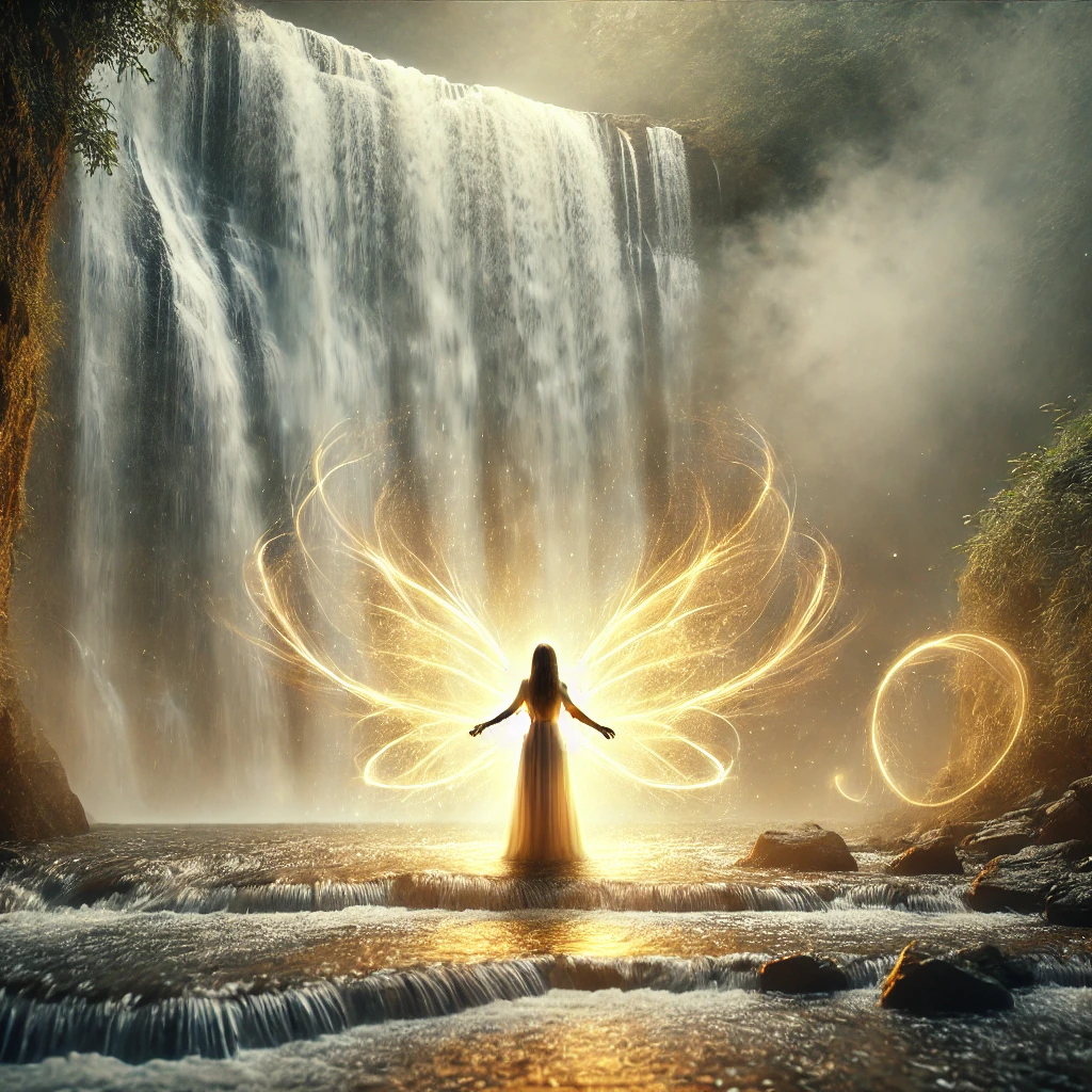 Eine Frau steht mit offenen Armen unter einem sanft fallenden Wasserfall, während goldenes Licht sie umhüllt. Feine, schimmernde Energiefäden schweben um sie herum und symbolisieren Reinigung, Heilung und spirituelle Transformation. Nebel steigt aus dem Wasser auf, und die Szene strahlt Ruhe, Befreiung und die Kraft des bewussten Loslassens aus.