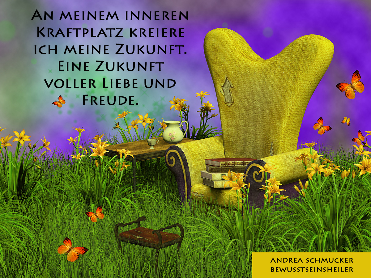 Illustration eines farbenfrohen, märchenhaften Gartens mit einem goldgelben Sessel, Schmetterlingen, Blumen und Büchern – Symbolbild für den inneren Kraftplatz, an dem Andrea Schmucker ihre spirituelle Arbeit der Bewusstseinsheilung entfaltet. Thema: Zukunft kreieren aus Liebe und Freude.