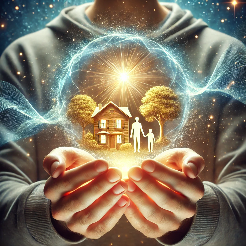 Ein Mensch hält seine Hände geöffnet, in deren Mitte eine leuchtende, holografische Vision erscheint – ein Symbol für bewusstes Manifestieren und die Kraft der eigenen Schöpfung. Sanfte Lichtstrahlen verbinden das Bild mit dem Universum und betonen die Energie des Erschaffens. 👉 Erfahre mehr über die Magie des Manifestierens in meinem Blogbeitrag