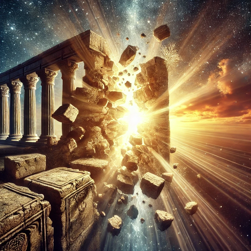 Zerfallende Steinmauer mit strahlendem Licht, das durch die Risse bricht – symbolisiert die Auflösung des Patriarchats und den Bewusstseinswandel hin zu einer neuen Balance zwischen männlicher und weiblicher Energie. Spirituelle Transformation und energetischer Umbruch im Einklang mit kosmischer Harmonie.