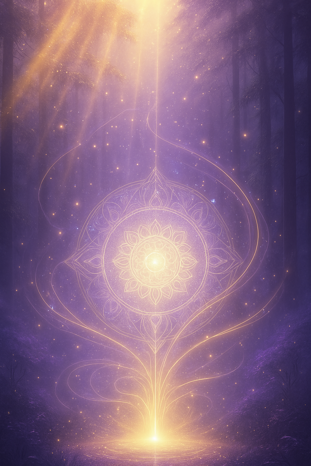 Ein mystischer, lichtdurchfluteter Wald mit einem leuchtenden Mandala im Zentrum. Goldene Lichtstrahlen und feine Energiepartikel durchdringen die Szene und symbolisieren die energetische Bewusstseinsbereinigung. Das Bild spiegelt die spirituelle Arbeit von Andrea Schmucker wider und lädt zur inneren Klärung und Schwingungserhöhung ein.