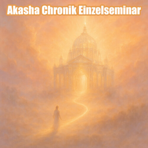 Mystische Darstellung eines lichtdurchfluteten Tempels in goldenem Morgenlicht, auf dem Weg dorthin eine schwebende Gestalt – Symbol für die spirituelle Reise im Akasha Chronik Einzelseminar bei Andrea Schmucker.