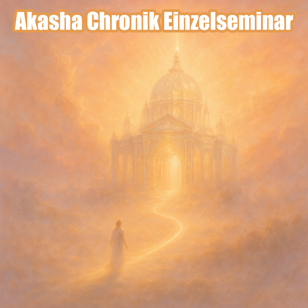 Mystische Darstellung eines lichtdurchfluteten Tempels in goldenem Morgenlicht, auf dem Weg dorthin eine schwebende Gestalt – Symbol für die spirituelle Reise im Akasha Chronik Einzelseminar bei Andrea Schmucker.