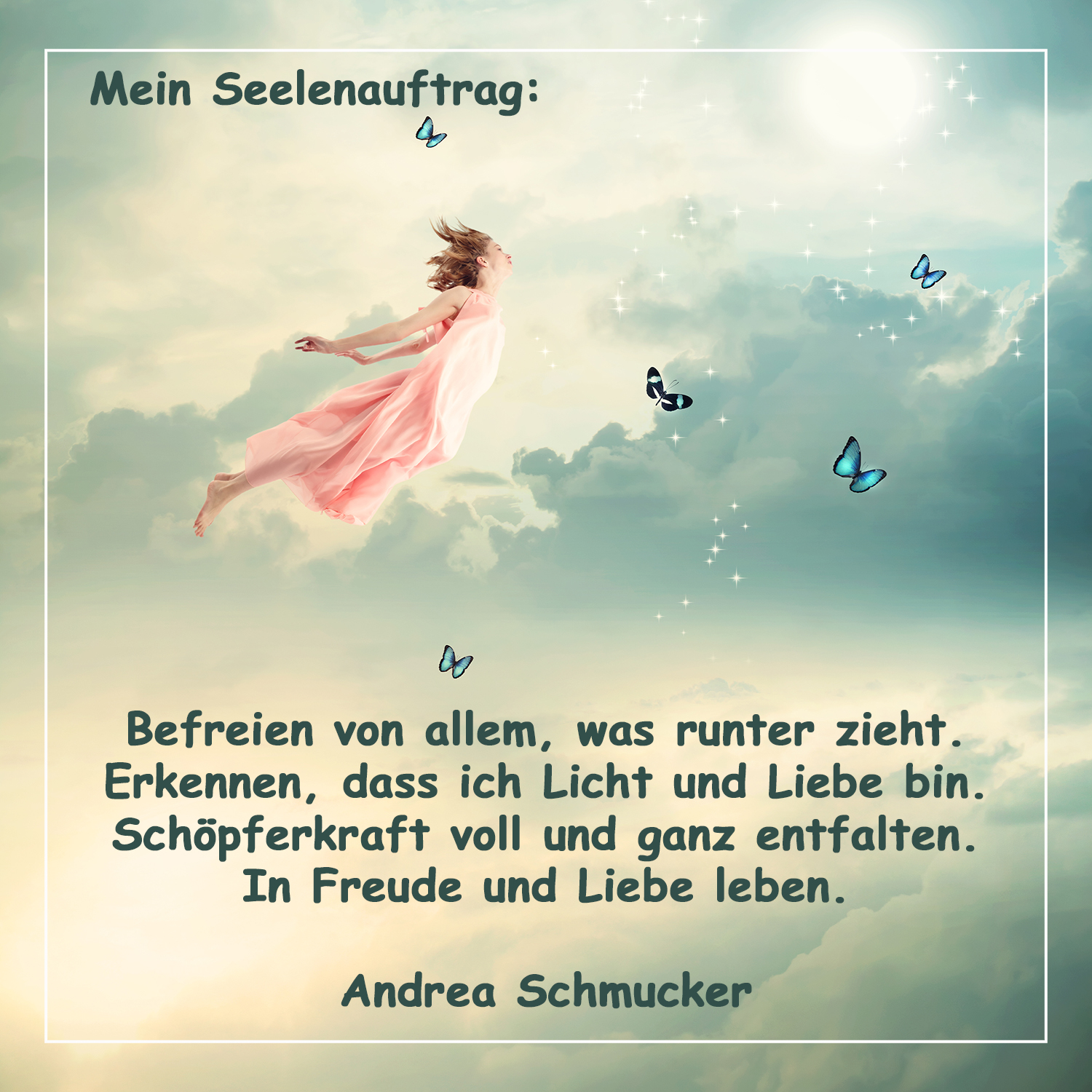 Himmlisch anmutendes Bild einer Frau im rosa Kleid, die frei und leicht durch den Himmel schwebt – umgeben von Licht, Schmetterlingen und weichen Wolken. Symbolisiert den Seelenauftrag von Andrea Schmucker: sich von allem zu befreien, was herunterzieht, das eigene Licht zu erkennen und in Liebe und Freude zu leben. Ideal passend zum spirituellen Blogbeitrag über den Seelenauftrag