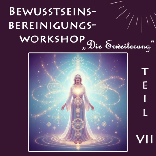 Spirituelle Frau im gold-violetten Lichtfeld symbolisiert Bewusstseinserweiterung und Heilung – Darstellung für den Bewusstseinsbereinigungsworkshop Teil VII „Die Erweiterung“ mit Andrea Schmucker.