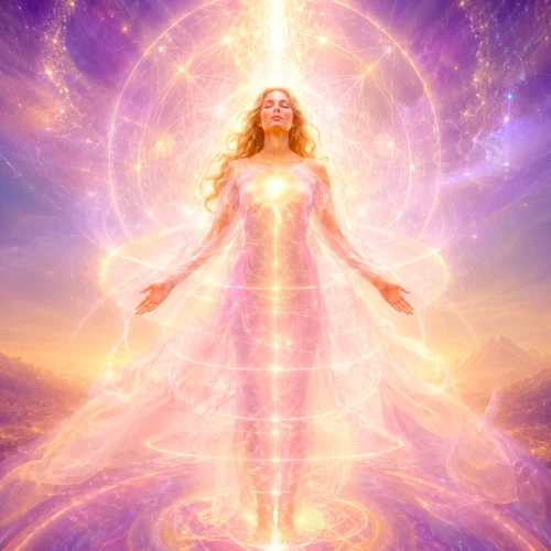 Spirituelles Bild zur Bewusstseinsthemenbereinigung Lichtkörperintegration mit lichtvollem Energiefeld, goldener Strahlung und kosmischer Ausrichtung.