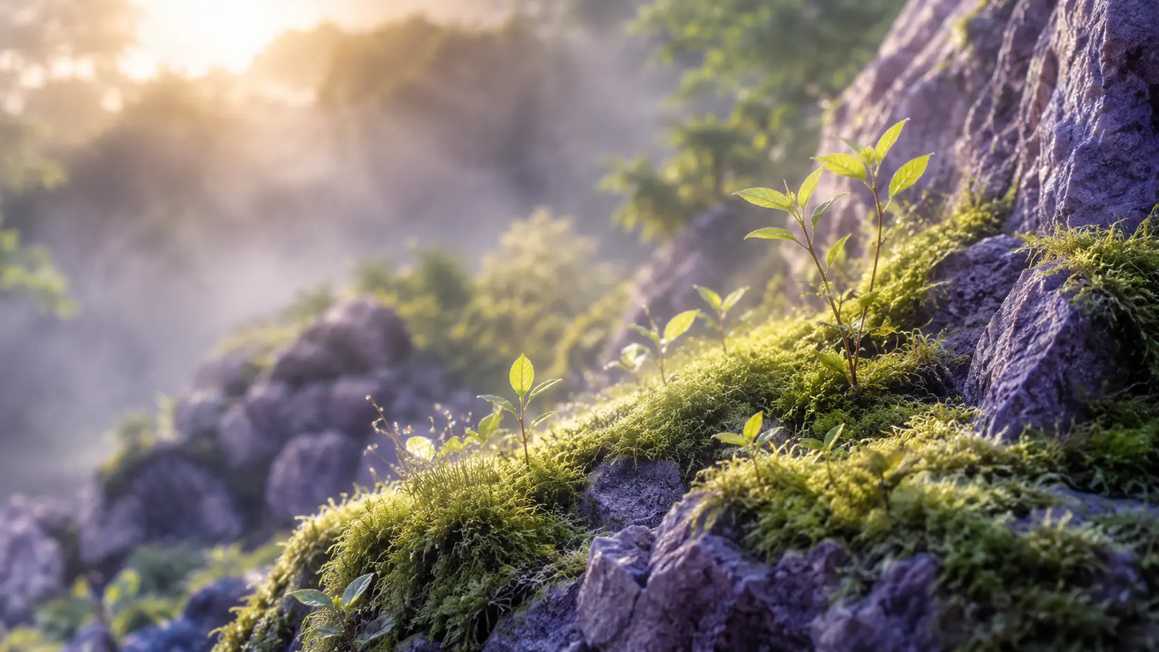 Junge grüne Triebe wachsen aus Moos auf violettem Fels, durchleuchtet vom warmen Morgenlicht. Sinnbild für den Aufstieg: neues Leben, das sich aus dem Harten löst.