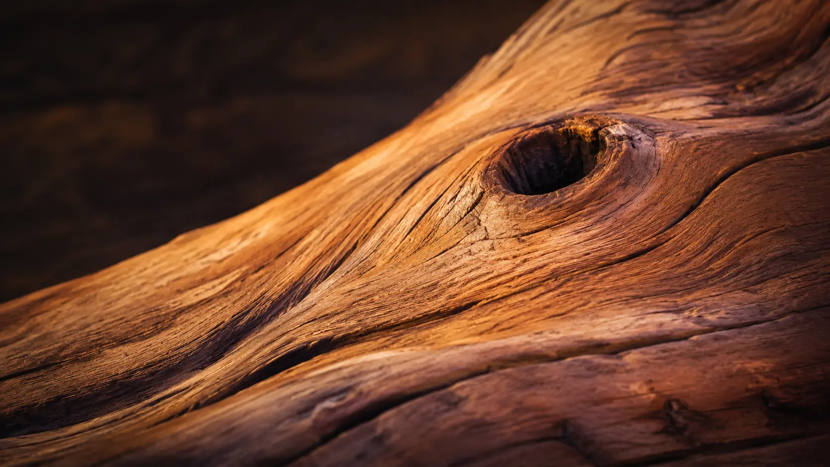 Nahaufnahme von gewachsenem Holz mit deutlicher Maserung und einem Astloch – Authentizität zeigt sich in dem, was gewachsen ist, in der Bewusstseinsarbeit von Andrea Schmucker.