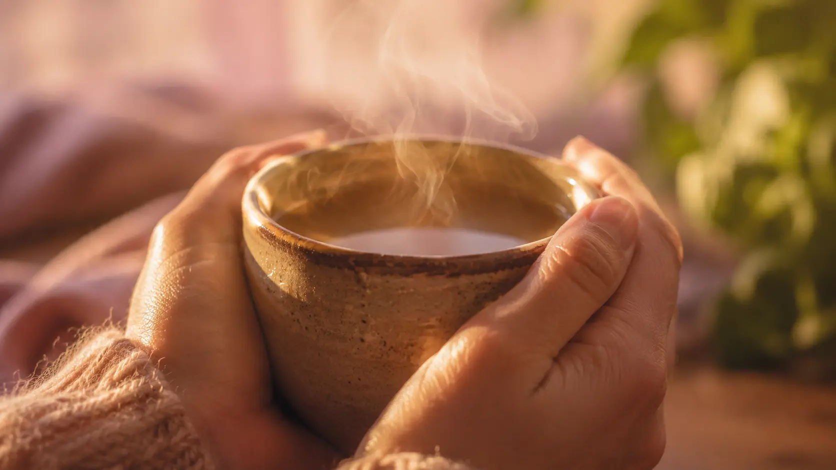 Zwei Hände umschließen eine einfache Keramiktasse, aus der Dampf aufsteigt – Dankbarkeit beginnt oft bei sehr kleinen Dingen, in der Bewusstseinsarbeit von Andrea Schmucker.