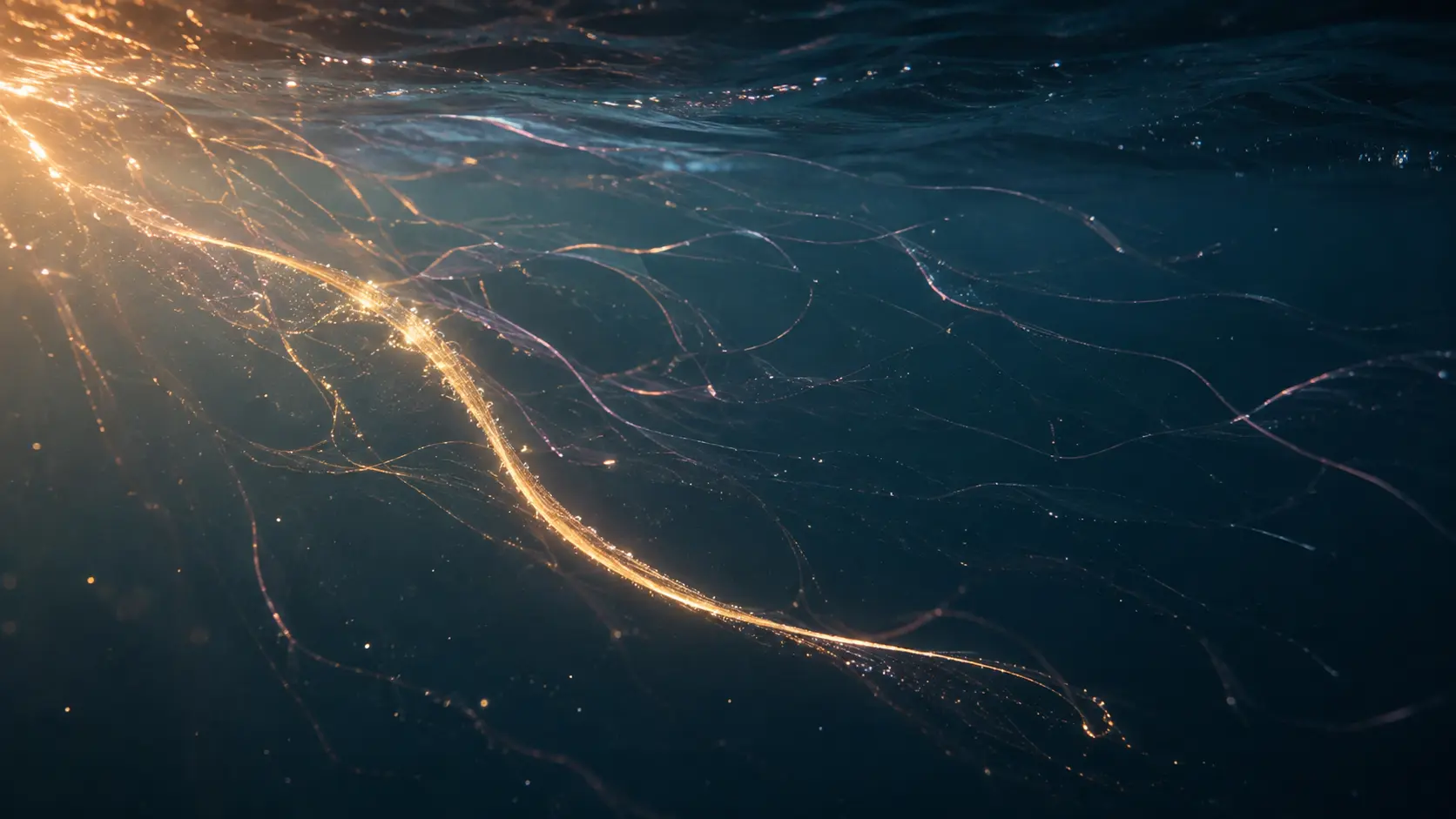 Feine Lichtfäden ziehen sich durch dunkelblaues Wasser, einer davon leuchtet golden und hell – Sinnbild dafür, was aus früheren Inkarnationen bis heute nachwirkt.