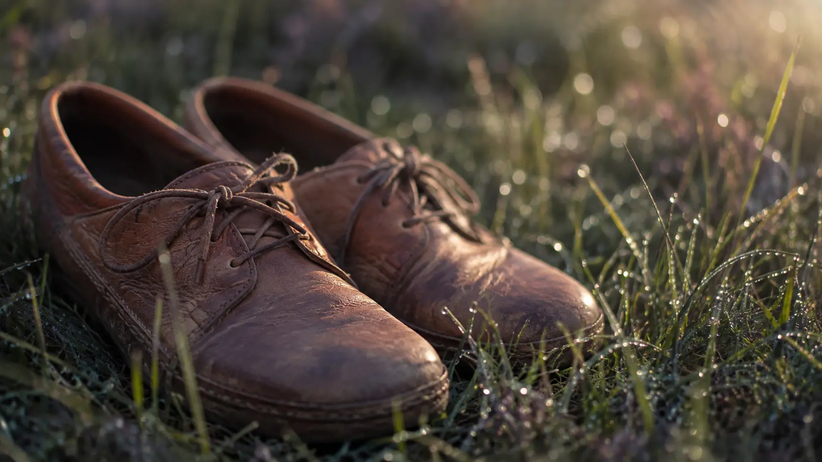 Ein Paar getragene Lederschuhe steht im taufeuchten Gras einer Wiese im Morgenlicht – ein Bild für die Frage, ob wir im eigenen Leben unterwegs sind, aus der Bewusstseinsarbeit von Andrea Schmucker