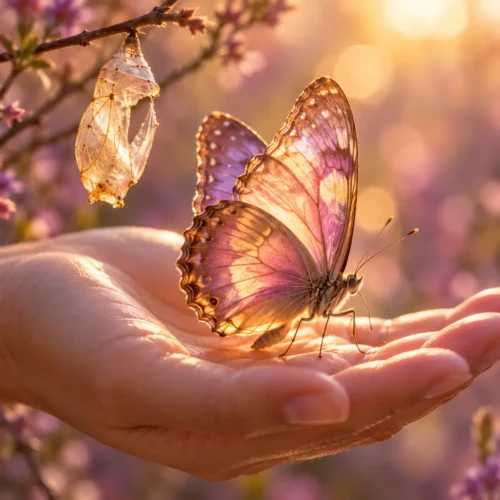Ein Schmetterling in Violett und Gold sitzt auf einer offenen Hand, daneben hängt sein leerer Kokon im warmen Morgenlicht – Workshop Aktiviere dein Potenzial mit Andrea Schmucker
