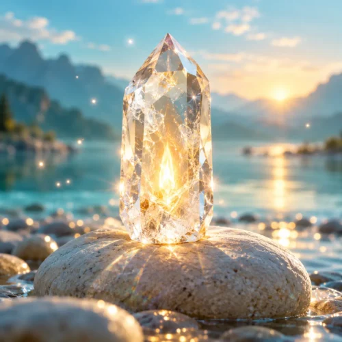 Ein klarer Bergkristall mit einem warmen goldenen Licht im Inneren steht auf einem Stein am Wasser – Bewusstseinsbereinigungs-Meditation „Die eigene Wahrhaftigkeit leben“ mit Andrea Schmucker