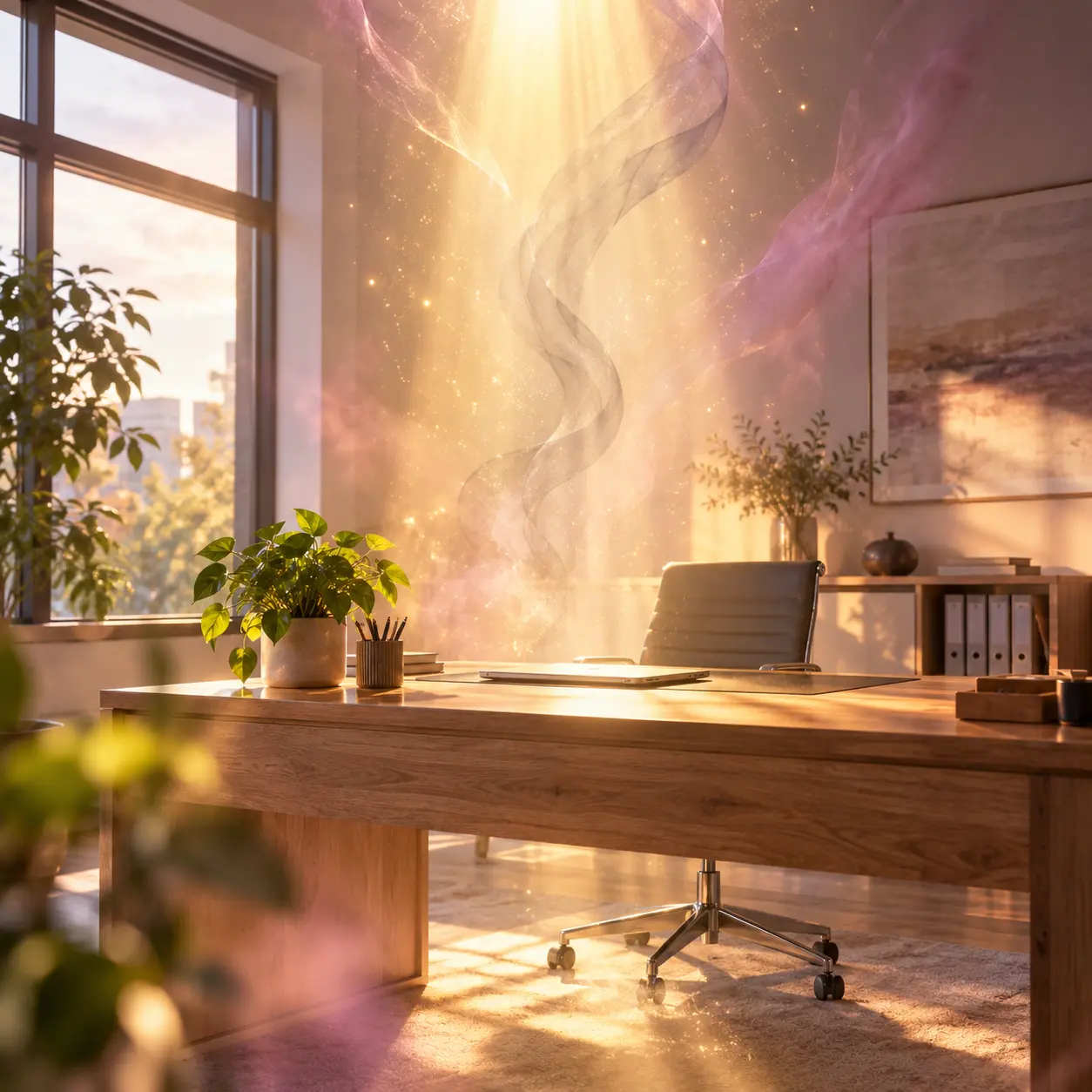 Unternehmen energetisch optimieren: heller Büroraum mit Schreibtisch in einer goldenen Lichtsäule