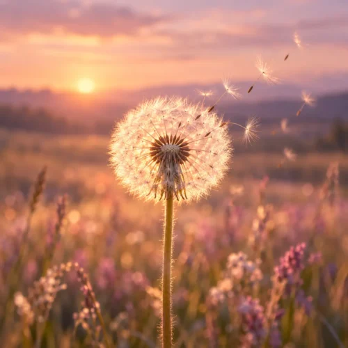 Eine Pusteblume im warmen Gegenlicht auf einer Wiese, einige Schirmchen schweben davon – Sinnbild für die Leichtigkeit des Inneren Kindes im Workshop von Andrea Schmucker