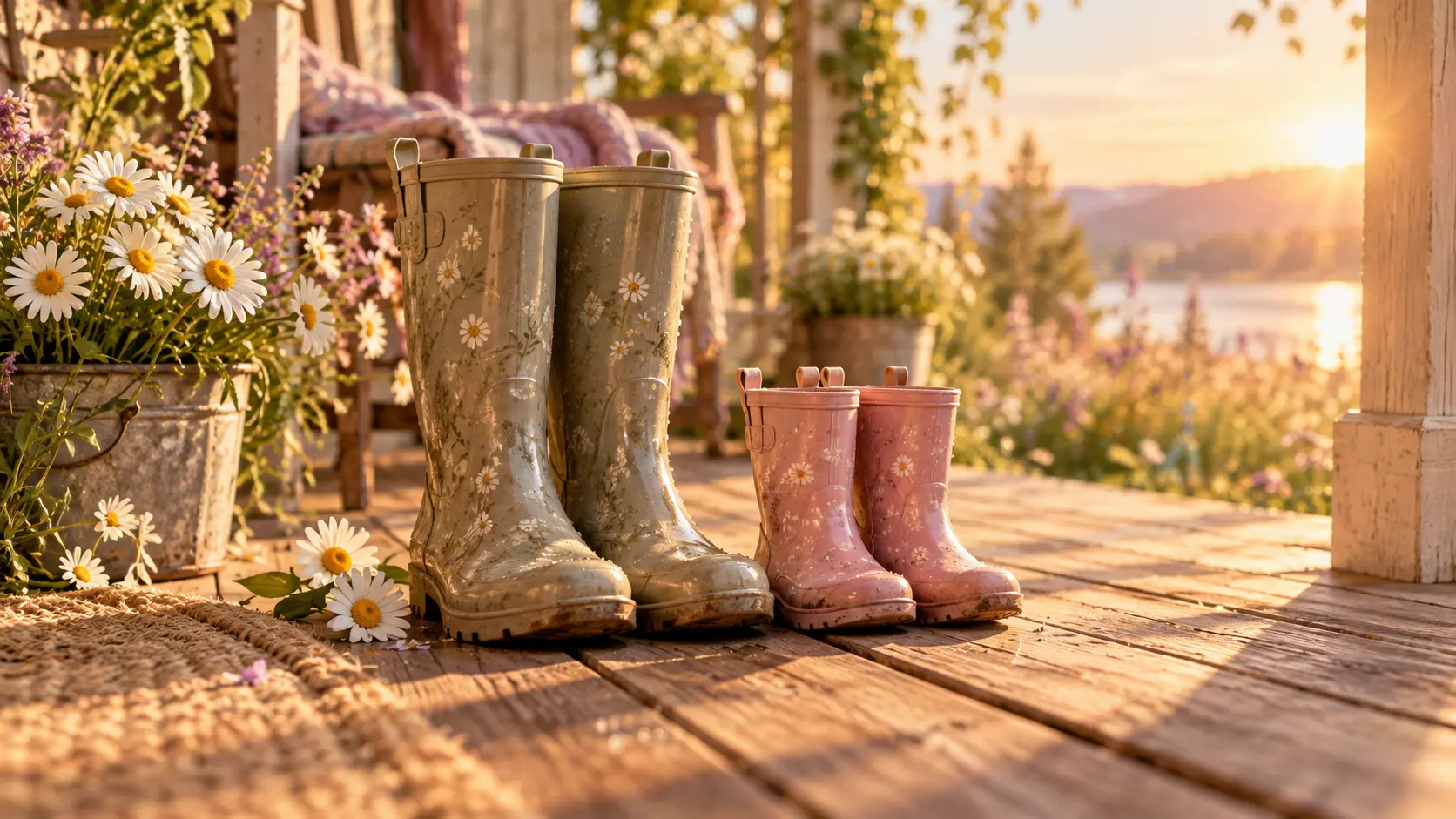 Das Innere Kind darf glücklich sein – große und kleine Gummistiefel Ein großes und ein kleines Paar Gummistiefel stehen nebeneinander auf einer sonnigen Holzveranda mit Gänseblümchen – Sinnbild für das Miteinander von Erwachsenem und Innerem Kind im Workshop von Andrea Schmucker