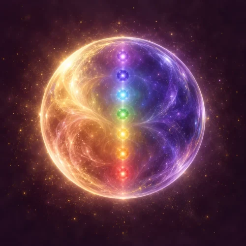 Leuchtende Lichtkugel, links golden, rechts violett, in der Mitte sieben Chakren in Regenbogenfarben übereinander – Licht und Schatten in Balance im Workshop von Andrea Schmucker