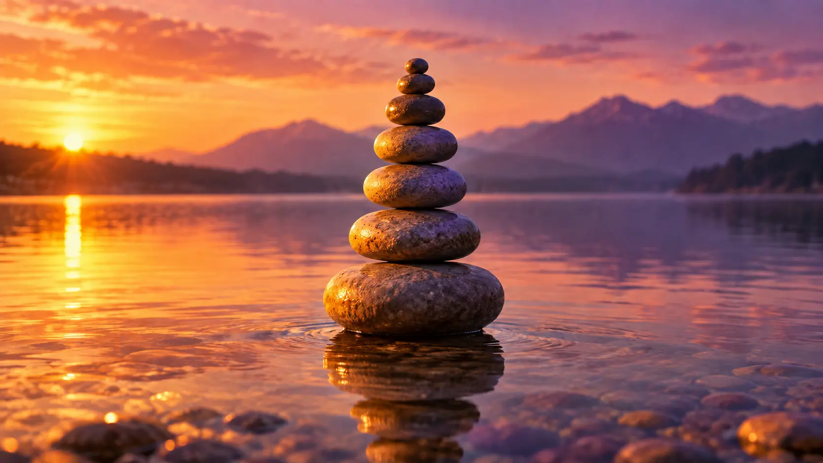 Chakren heilen – sieben balancierte Steine im Abendlicht am See Sieben glatte Steine im Gleichgewicht übereinander am Ufer eines stillen Sees, goldenes Abendlicht und violetter Himmel – ein Bild für sieben Chakren in Balance im Workshop von Andrea Schmucker