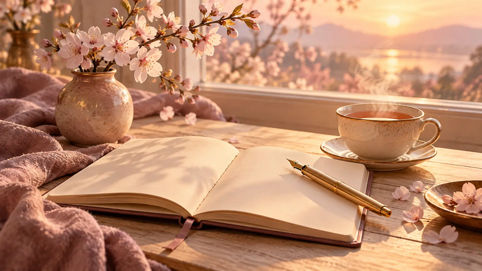 Herzensvisions-Workshop – aufgeschlagenes Notizbuch am Fenster Aufgeschlagenes Notizbuch mit goldenem Füller, Tee und Kirschblüten am Fenster – Herzensvision aufschreiben im Workshop mit Andrea Schmucker