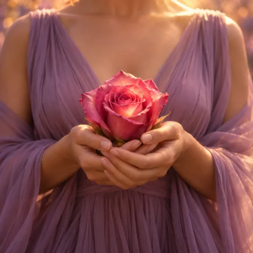 Hände einer Frau halten eine sich öffnende rosa Rose vor ihrem Herzen, umgeben von warmem Licht – Workshop Ich und meine Weiblichkeit mit Andrea Schmucker