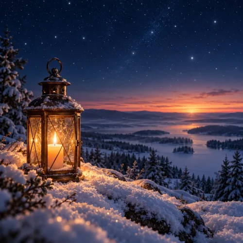 Eine Laterne mit warmer Kerzenflamme steht im Schnee unter einem Sternenhimmel, am Horizont dämmert zartes Licht – Jahresabschlussmeditation mit Andrea Schmucker