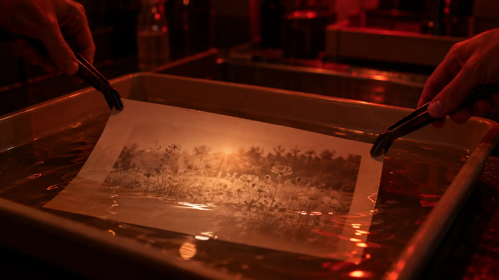 In einer Dunkelkammer erscheint auf Fotopapier in der Entwicklerschale langsam eine Blumenwiese im Gegenlicht. Sinnbild dafür, wie Manifestation sichtbar wird, aus der Bewusstseinsarbeit von Andrea Schmucker.