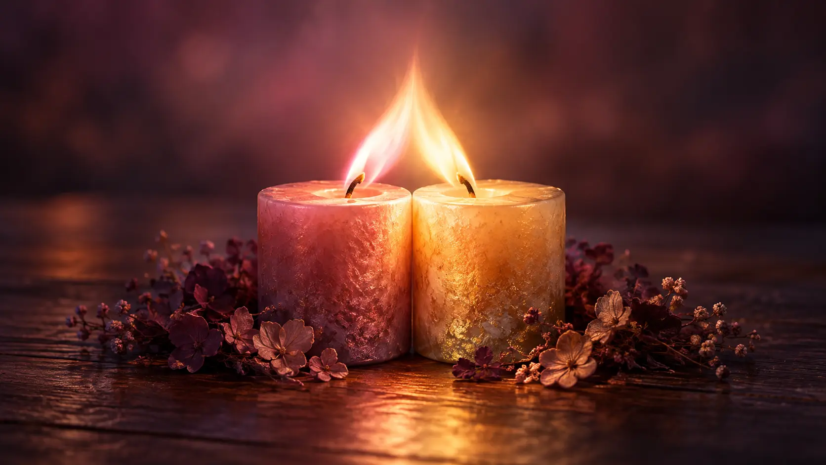 Die Auflösung des Patriarchats in uns – zwei Kerzenflammen verschmelzen Zwei Kerzen in Rosé und Gold stehen dicht beieinander zwischen Blüten, ihre Flammen neigen sich zueinander und verschmelzen – Sinnbild für die Balance von weiblicher und männlicher Urkraft im Workshop von Andrea Schmucker