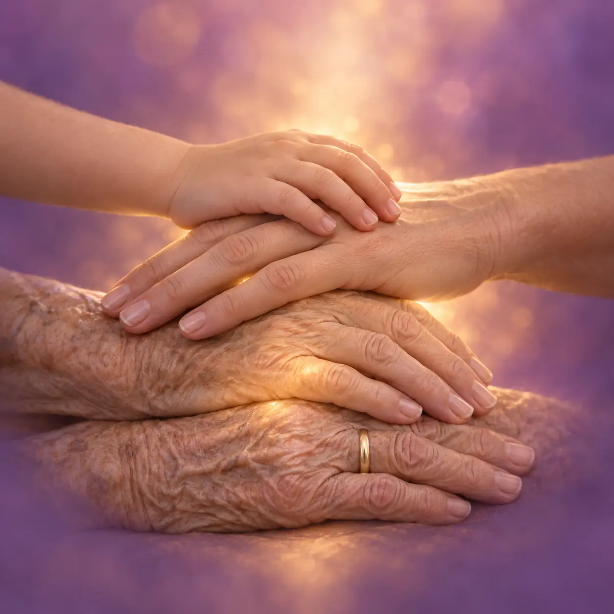 Hände mehrerer Generationen liegen übereinander, von der alten Hand mit Ehering bis zur zarten jungen Hand – Ahnenheilung im Workshop von Andrea Schmucker