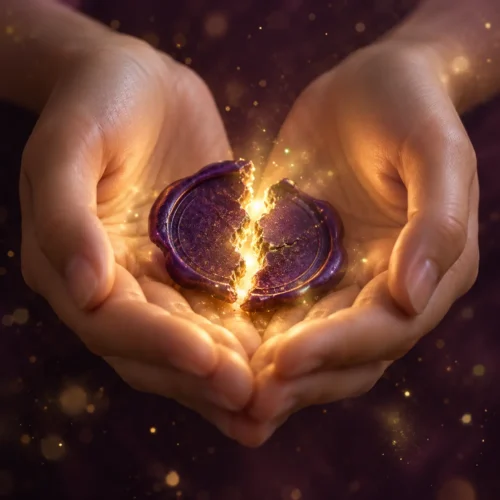 Zwei geöffnete Hände halten ein violettes Wachssiegel, aus dessen Bruch goldenes Licht strömt – Sinnbild dafür, einen blockierenden Seelenvertrag aufzulösen, im Workshop von Andrea Schmucker