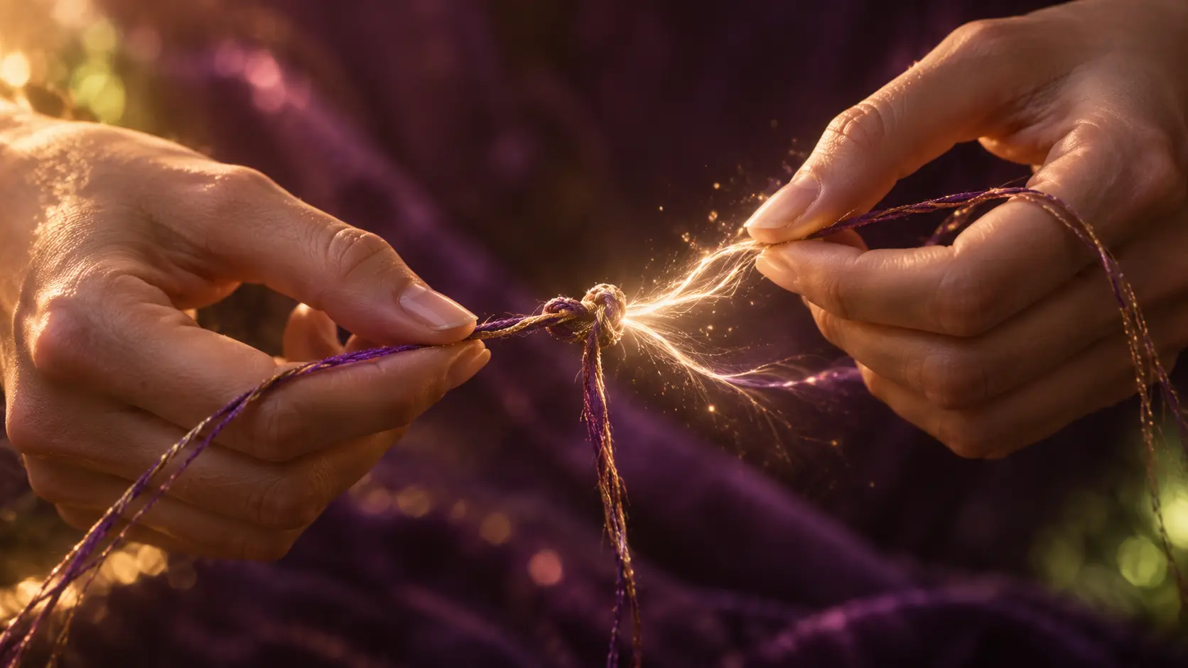 Zwei Hände lösen behutsam einen Knoten in einem goldvioletten Faden, an der gelösten Stelle sprüht Licht – Sinnbild dafür, einen Seelenvertrag aufzulösen, in der Bewusstseinsarbeit von Andrea Schmucker
