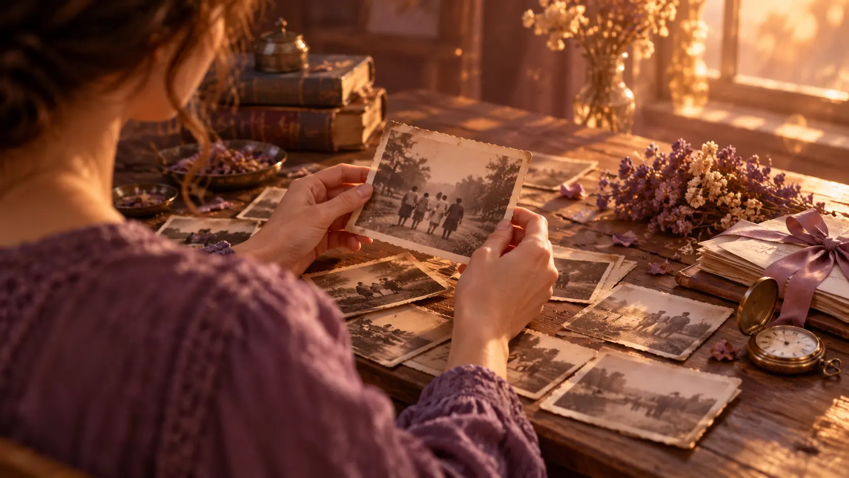 Ahnenheilung – Frau betrachtet alte Familienfotos Frau hält ein altes Familienfoto in den Händen, vor ihr liegen weitere alte Fotos, Briefe und eine Taschenuhr – Ahnenheilung mit Andrea Schmucker