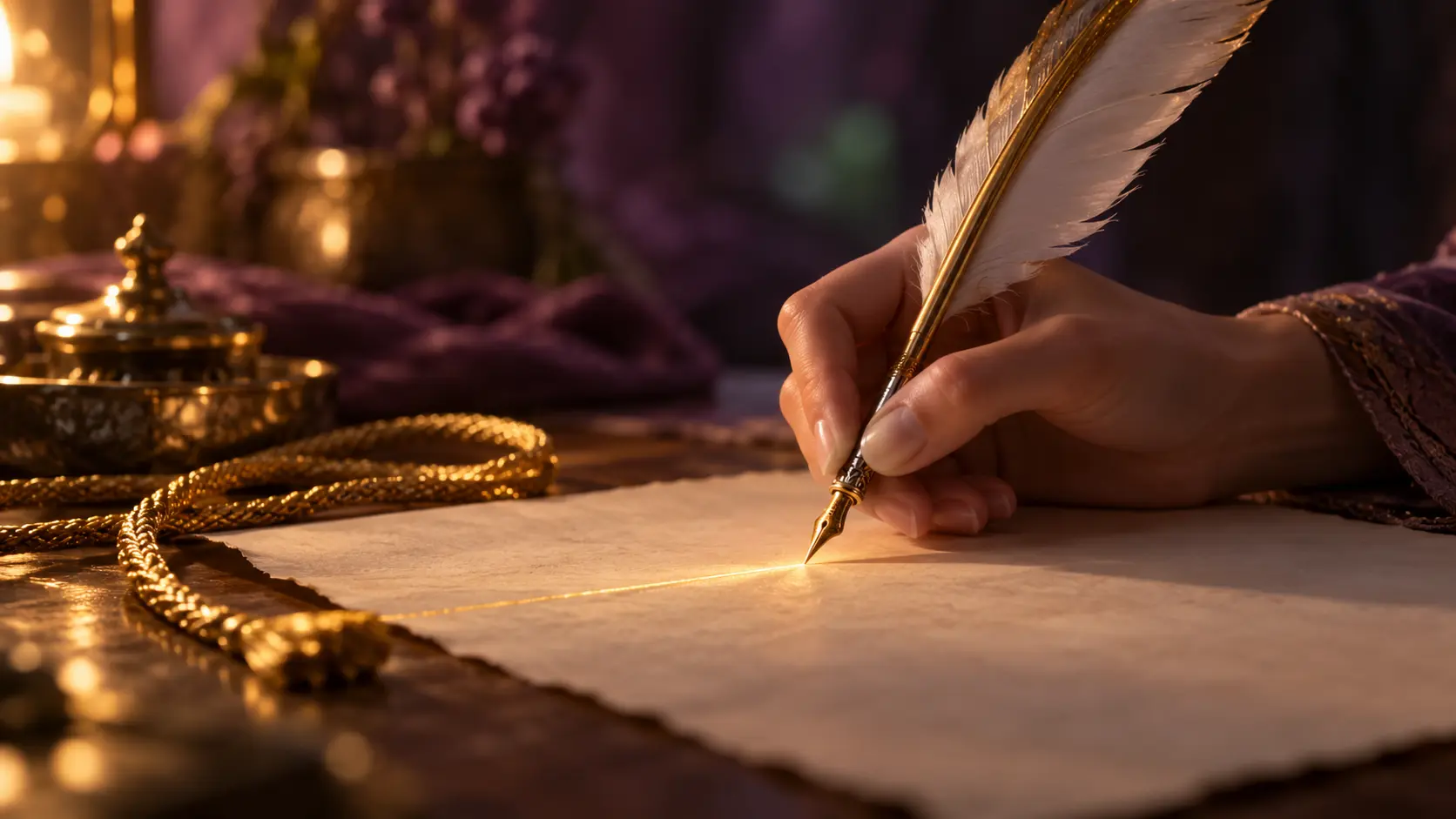 Seelenverträge auflösen – Feder schreibt auf frisches Pergament Eine Hand schreibt mit einer goldenen Feder eine leuchtende Linie auf ein frisches Pergament, daneben eine goldene Kordel – Sinnbild für den Neubeginn nach dem Auflösen eines Seelenvertrags