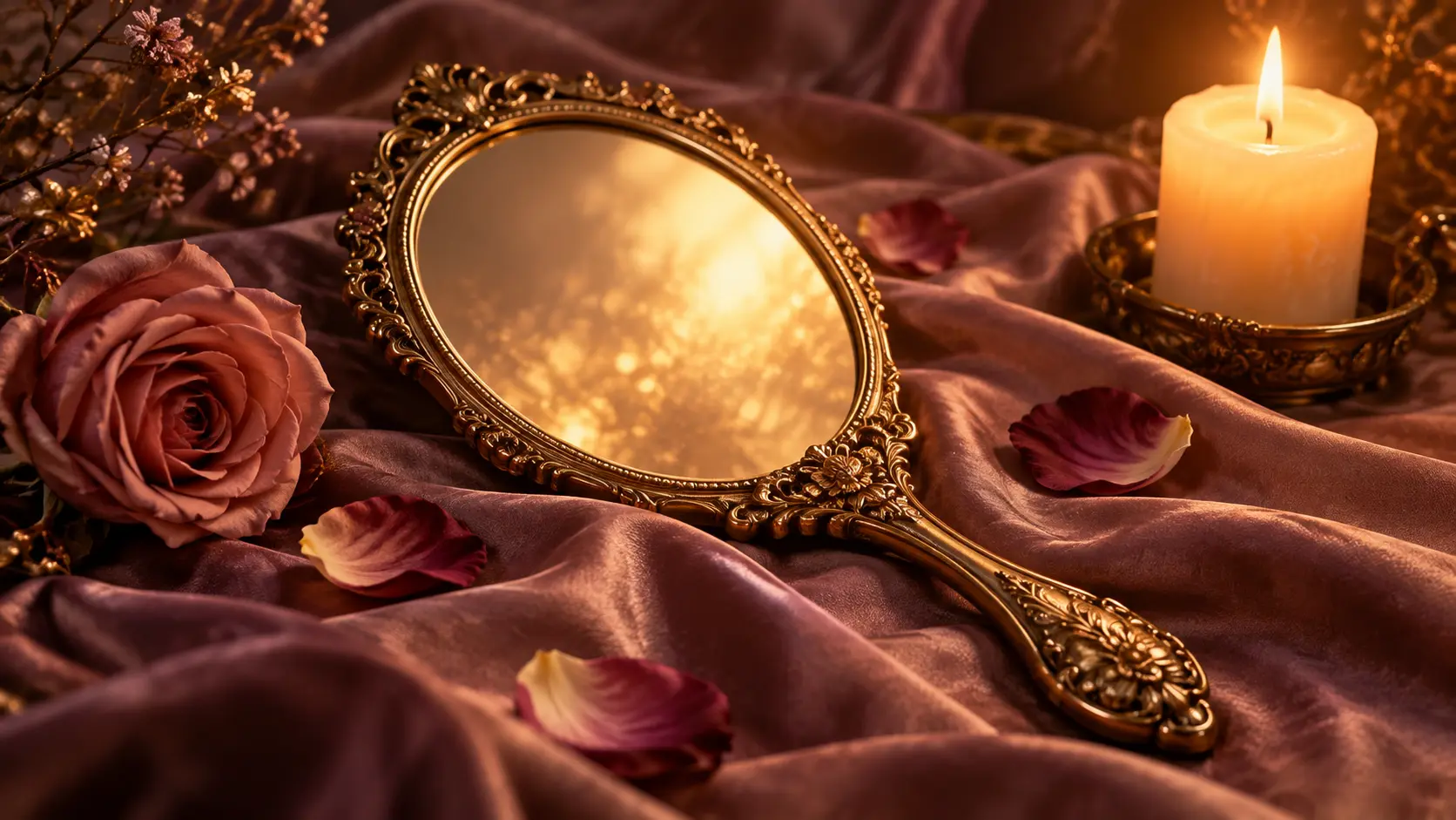 Ich und meine Weiblichkeit – goldener Handspiegel mit Rose und Kerze Ein goldener, verzierter Handspiegel liegt auf mauvefarbenem Samt neben einer Rose, Rosenblättern und einer brennenden Kerze, im Spiegel nur warmes Licht – Sinnbild für das liebevolle Annehmen der eigenen Weiblichkeit im Workshop von Andrea Schmucker